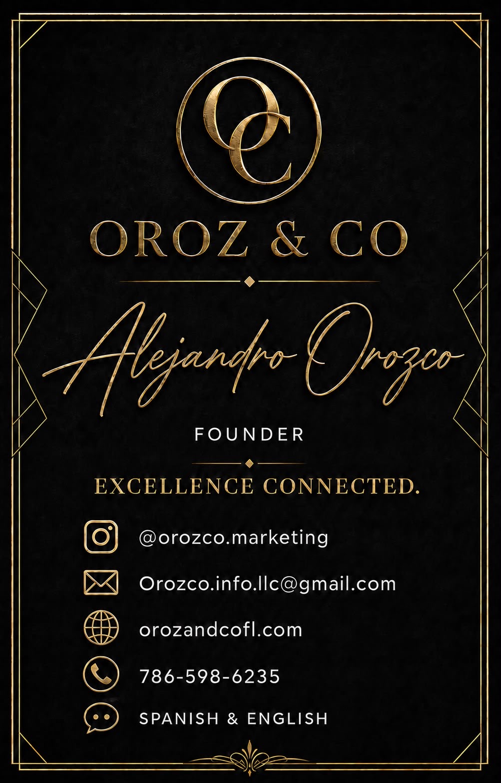 Professional presentation card of Alejandro Orozco, founder of Oroz&Co